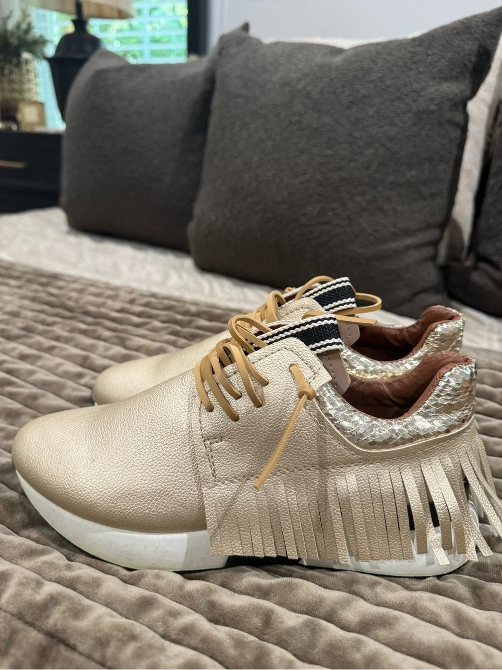 ShuShop Cream Fringe Lace-Up Sneakers with Metallic Trim